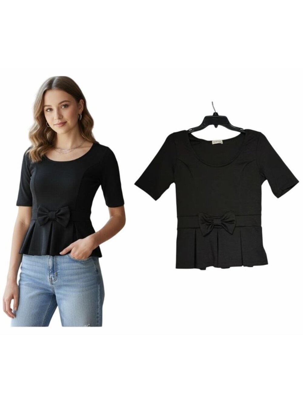 Monteau Los Angeles Womens Peplum Top Sz S Blouse Black Round Neck Short Sleeve